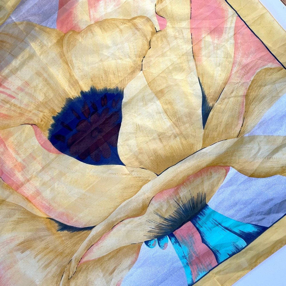 Vintage Oversized Floral Square Scarf Yellow Colorful Modernist Art To Wear